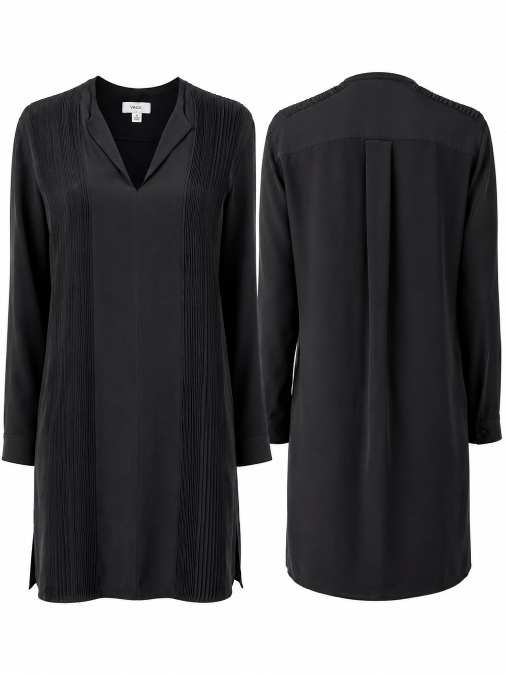 Vince Black Silk Blend Tunic Dress Size 4 Pleated Panel Shift Mini